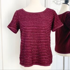 LOFT XS Short Sleeve Purple Fringe Sparkle Blouse